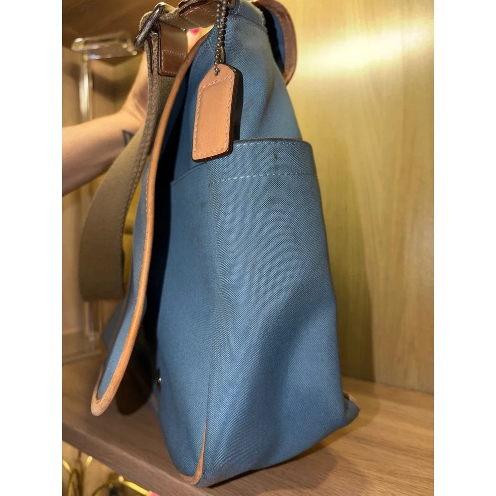 Coach Leatherware Est 1941 Blue Canvas Messenger Crossbody Bag Tan Trim